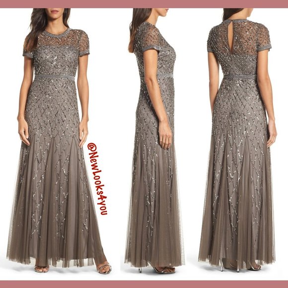 NEW $318 Adrianna Papell Cap Sleeve Beaded Mesh‎ Gown in Lead [SZ 4 4P 8P ] - Picture 1 of 9